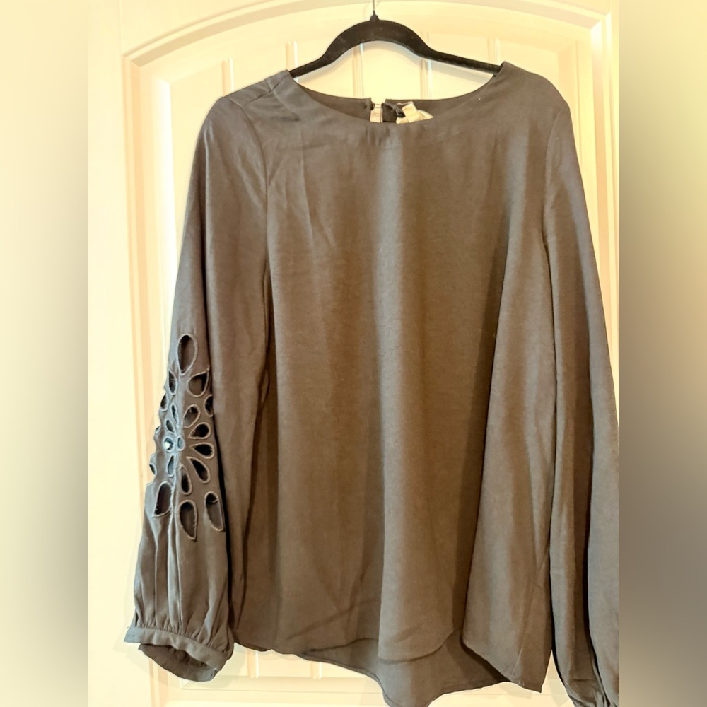 Black Button Neck Blouse with Cutout Floral Sleeve Detail